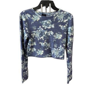 Out From Under Women Crop Top Long Sleeve Blue Floral Round Neck Pullover L